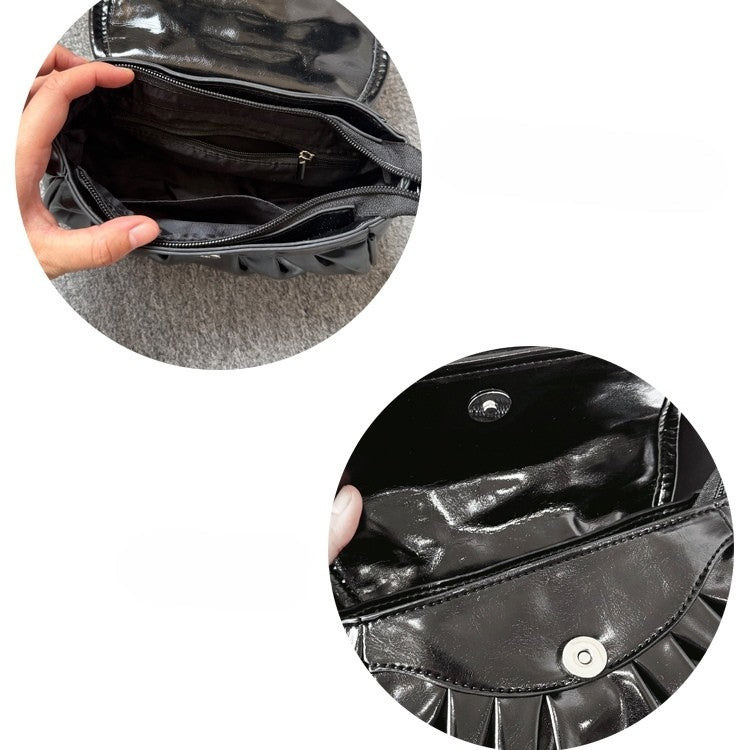 Black Jirai Kei Crossbody Bag - Interchangeable Rhinestone Strap & Crown Bow with Heart Bag