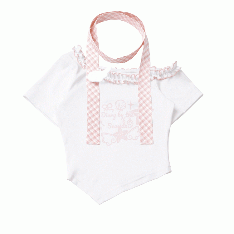 Pink/Baby Blue Starfish and Seashell Print Ruffled Asymmetrical Neckline T-shirt with Plaid Scarf