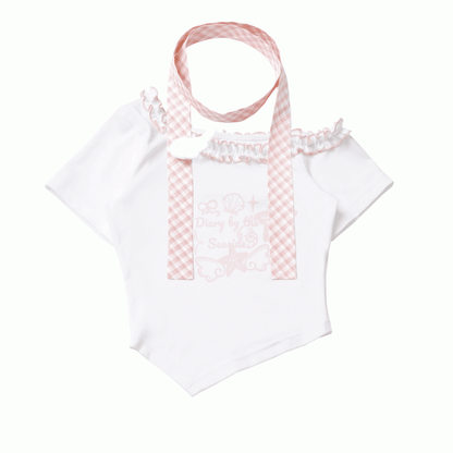 Pink/Baby Blue Starfish and Seashell Print Ruffled Asymmetrical Neckline T-shirt with Plaid Scarf