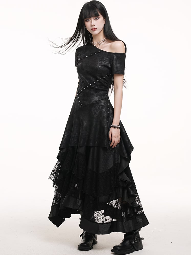 Black Asymmetrical Neckline Criss-cross Straps Cascading Ruffles Dress