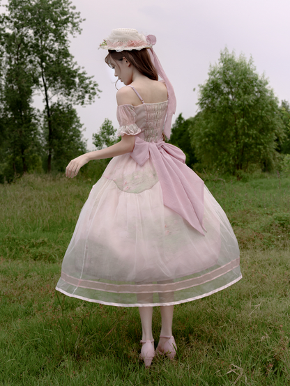 Oil Painting Water Lily Print Basque Waist Light Pink Dress with Organza Overlay