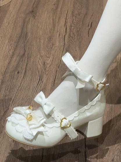 White Spoon Decorated Bowknot Details Sweet Lolita High Block Heels