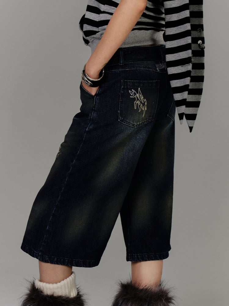 Blue Cross Print Faded Wash Glamorous Distressed Jeans with Buckle Belt