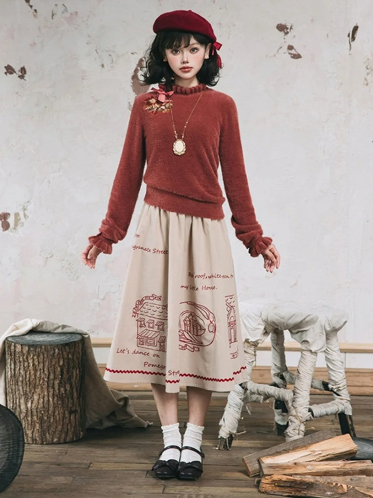 Maple Leaf Embroidery Neckline Bowknot on Cuffs Brick Red Autumn Knit Top