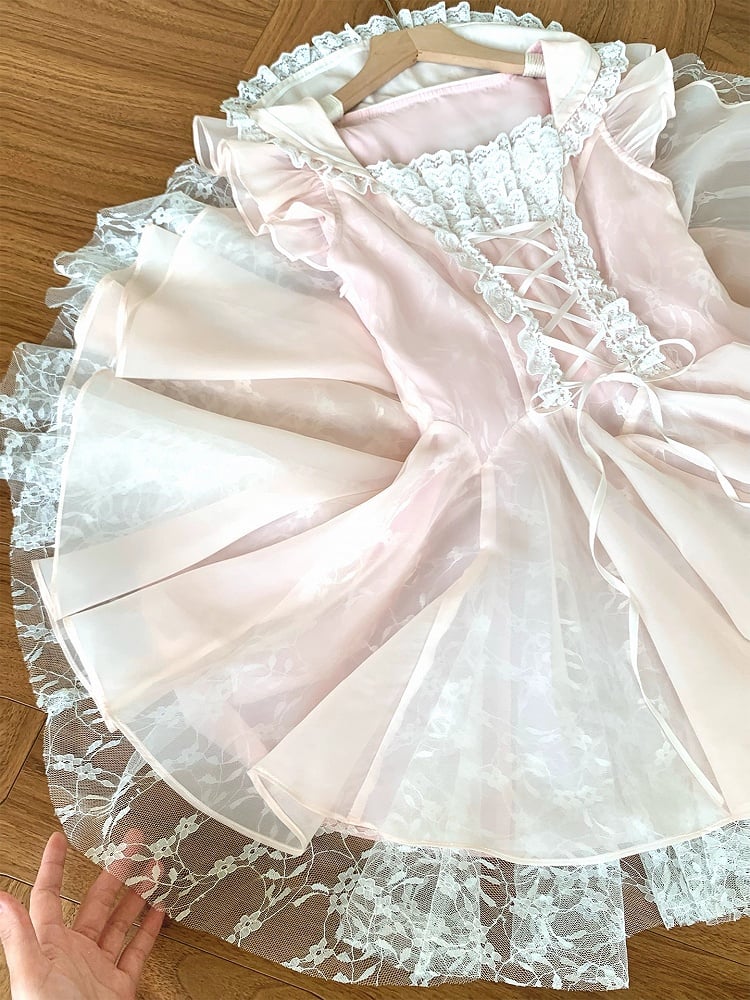 Pink Lace-up Waist Lace Trim Flutter Sleeves Balletcore Dress