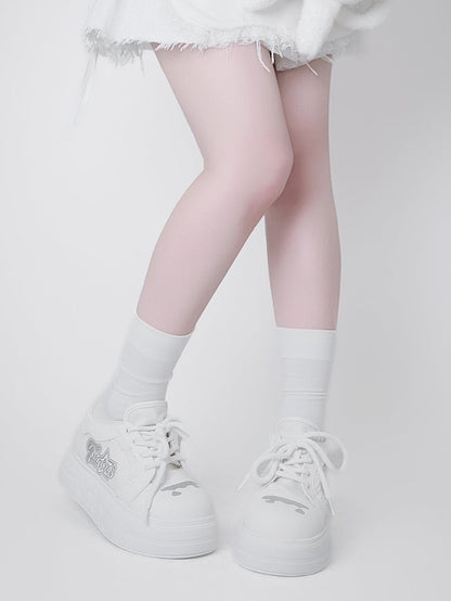 Letter Print, Raw Hem Details & Secure Lace Closure White Platforms in Otaku Style