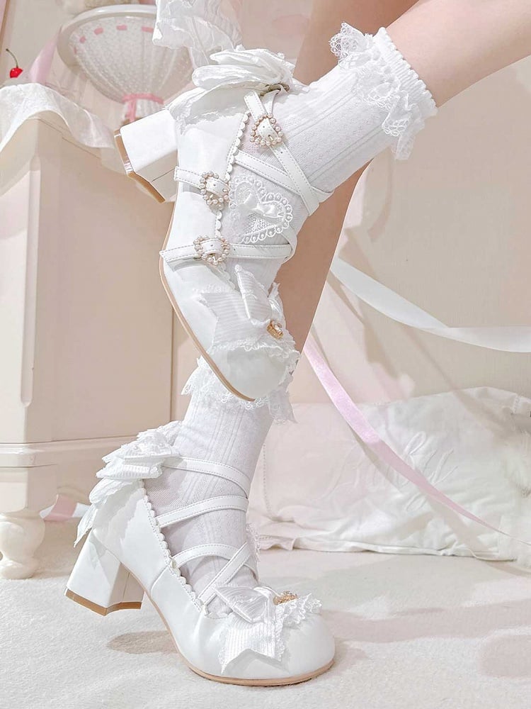 White Sweet Lolita Bowknot Details Crisscross Design Heart Buckle Straps 5CM Block Heels Shoes
