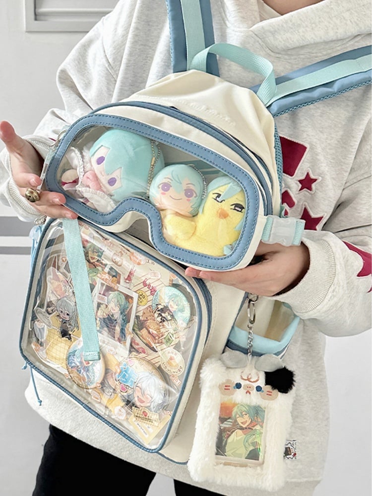 White&Blue Star Print Backpack Ita Bag With Goggles-Shaped Ita Bag