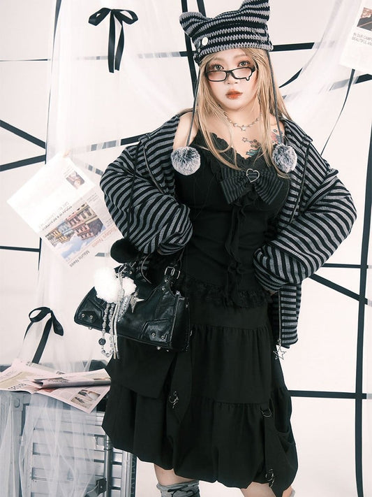 Plus Size Black Lace-trimmed Cami Top with Heart Buckle Striped Bow & Cascading Ruffles