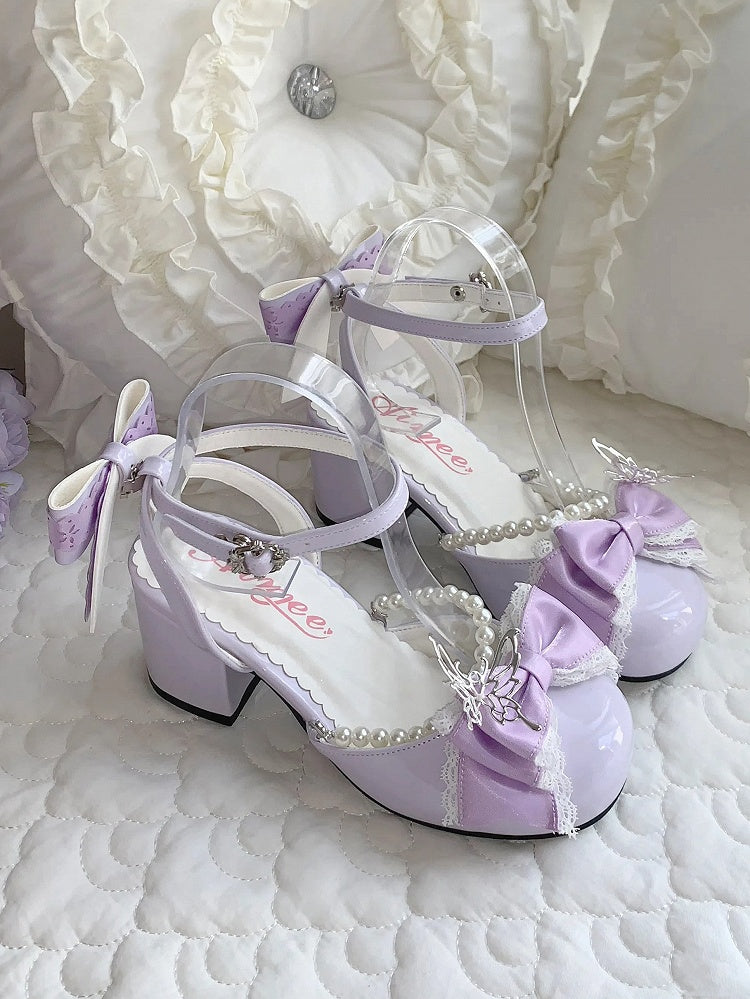 Purple Detachable Bow Accent and Bead Chain Sweet Lolita Mary Janes 6CM Block Heels