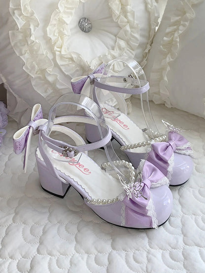 Purple Detachable Bow Accent and Bead Chain Sweet Lolita Mary Janes 6CM Block Heels