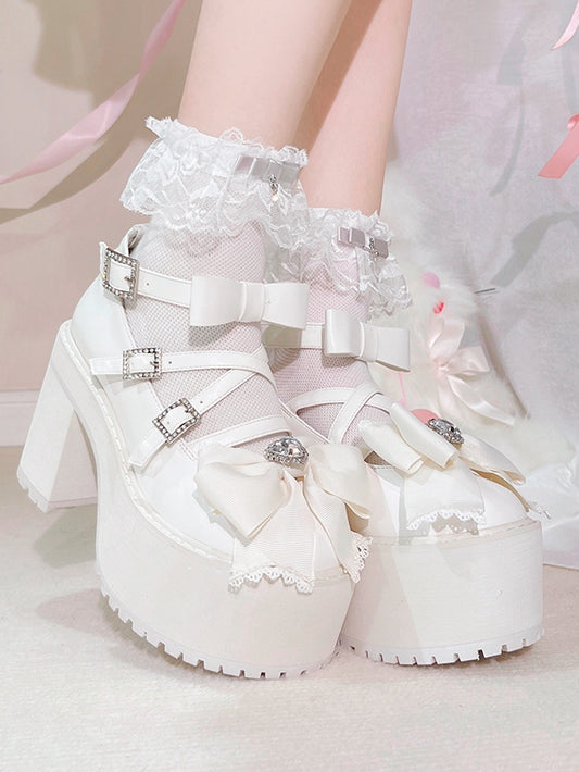 Matte White Rhinestone Bowknot Jirai Kei Platform High Heels