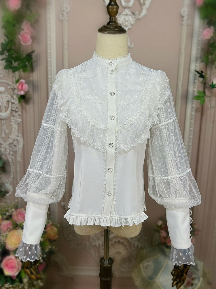 White Vintage Shirt Leg-of-Mutton Sleeves Elegant Top