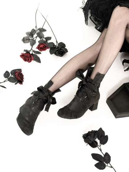 Mid-Heel Elegant Black Lolita Boots - Foldable Cuff with Inner Zip & Lace-Up Design