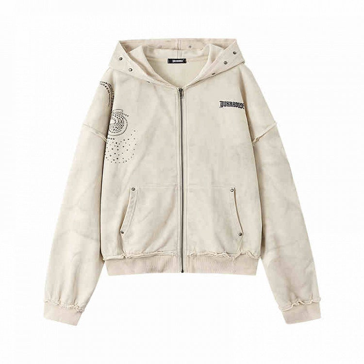 Wasteland Punk Studs Design Beige Washed Loose Casual Zip Hoodie