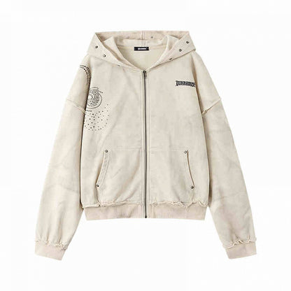 Wasteland Punk Studs Design Beige Washed Loose Casual Zip Hoodie