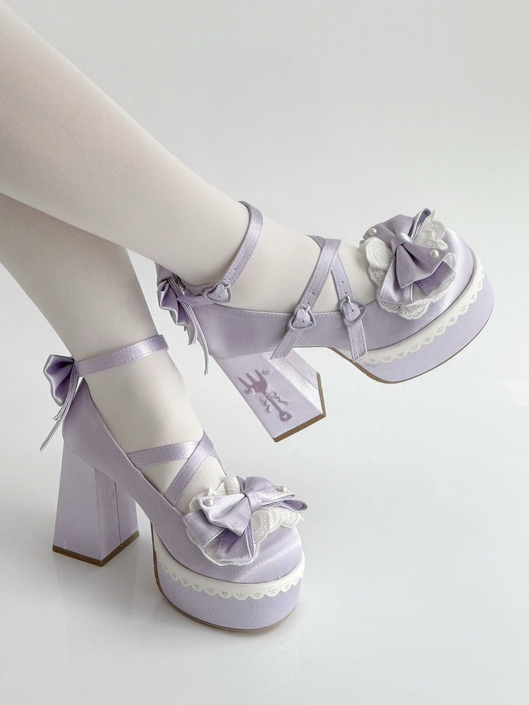 Purple Lolita Lace Bowknot Buckle Straps Fork Embroidery Platform Block High Heels