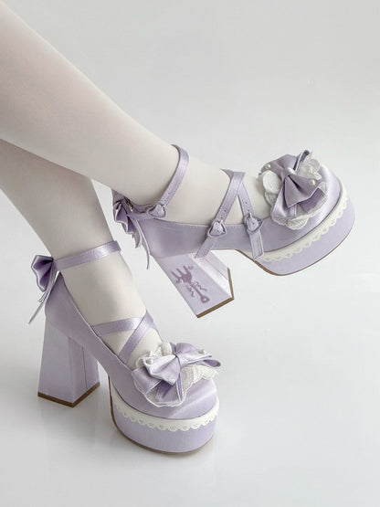 Purple Lolita Lace Bowknot Buckle Straps Fork Embroidery Platform Block High Heels