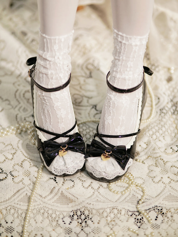 Black Heart Charm Bow at Top Lace Trim Crisscross Design Lolita Shoes