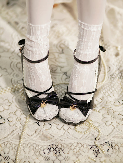 Black Heart Charm Bow at Top Lace Trim Crisscross Design Lolita Shoes
