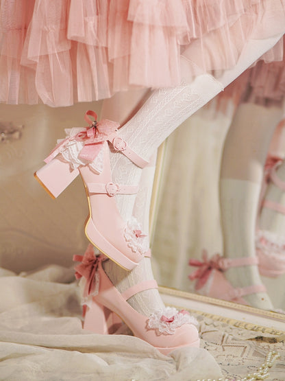 Pink Knotted Bow at Top Lace Trim Heart Buckles High Block Heels