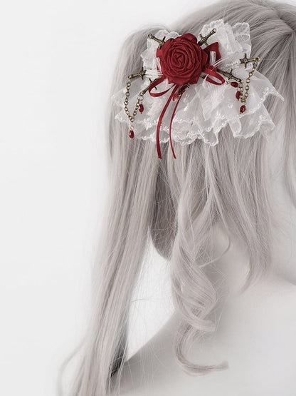 Gothic White and Red Rosette Bowknot Lace Hairclips with Swords and Chains