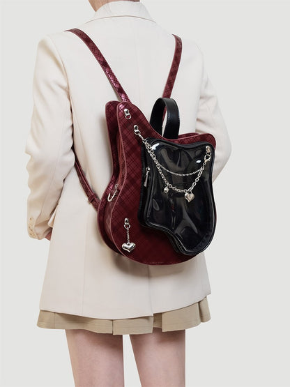 Edgy 2-Way Y2K Black & Red Plaid Guitar-Shaped Ita Bag With Heart Chain Accents