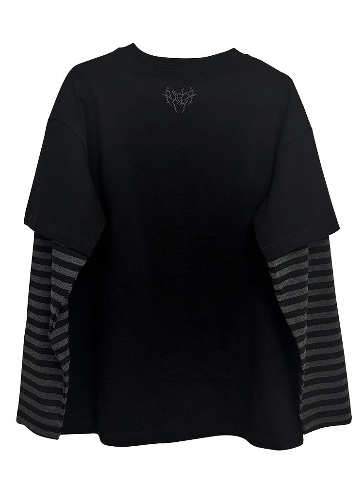 Black Emo Punk Girl Print Striped Sleeves Graphic T-shirt