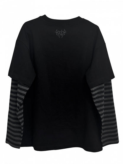 Black Emo Punk Girl Print Striped Sleeves Graphic T-shirt