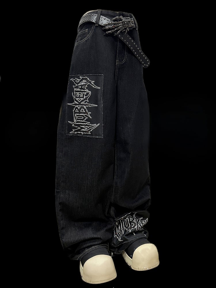 Dark Blue Letter Applique Straight-leg Cut Jeans