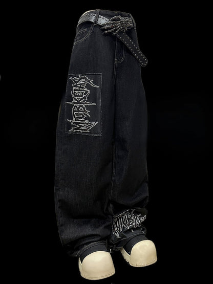 Dark Blue Letter Applique Straight-leg Cut Jeans