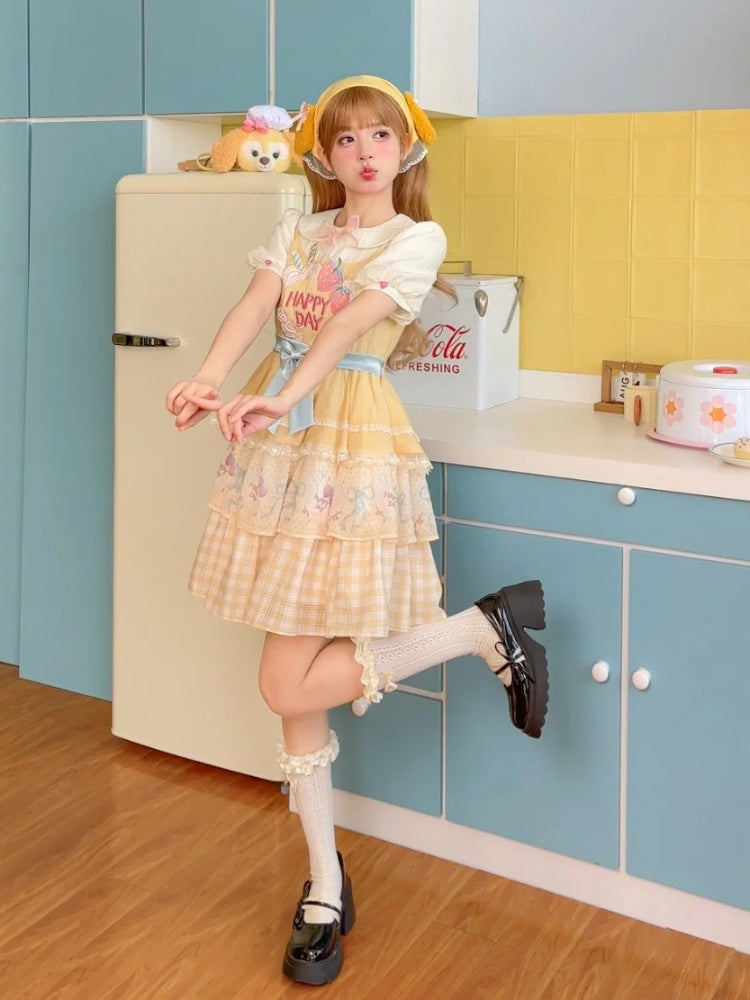 Strawberry Cake Embroidery Big Bow Creamy Yellow Tiered Skirt Sweet Lolita Dress