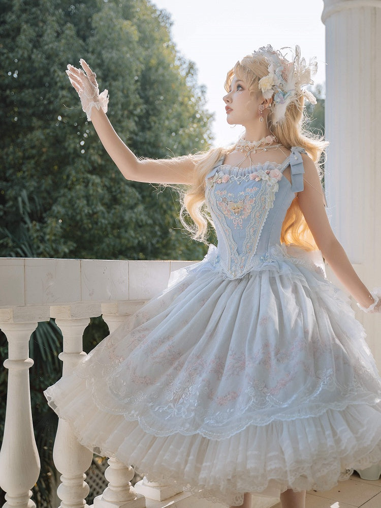 Blue Rosette Embroidery Boned Corset Top Floral and Bead Details