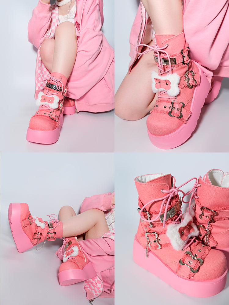 Buckle Straps Plush Bone Decorated Denim Pink Punk Platform Boots
