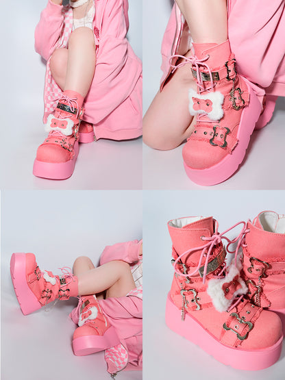 Buckle Straps Plush Bone Decorated Denim Pink Punk Platform Boots