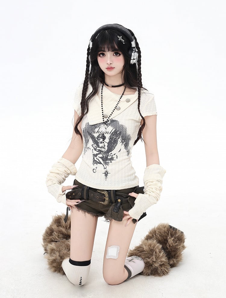 Apricot/Black Pointed Flat Collar Angel Print Wasteland Punk T-shirt with Free Armwears