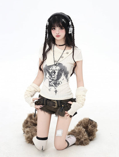 Apricot/Black Pointed Flat Collar Angel Print Wasteland Punk T-shirt with Free Armwears