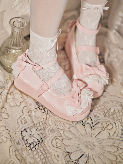 Baby Pink Bow at Top Lace Trim Heart Buckles Platforms