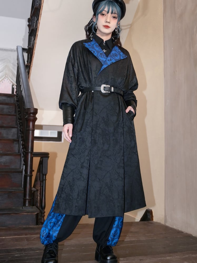 Reversible Blue Seahorses and Coral Print Black Jacquard Cheongsam Style Long Coat
