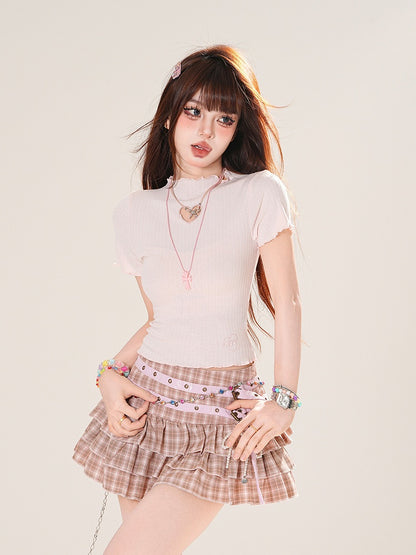 Pink/Apricot Crew Neck Heart-shaped Cutout Lettuce Hem T-shirt