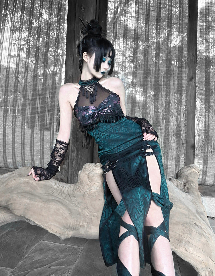 Clearance-Size S for Bust 85CM Desire of the Snake Stand Collar Double Slit Hem Qi Dress