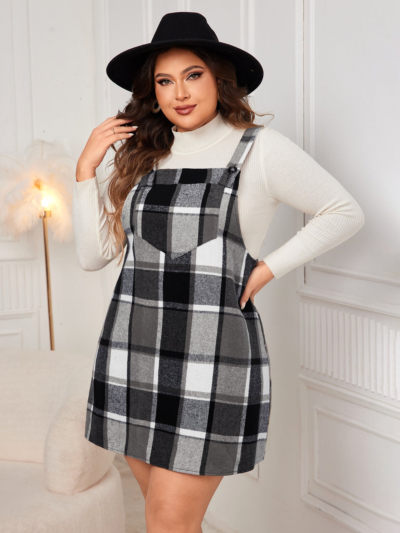 Plus Size Loose-Fit Plaid Suspender Dress for Curvy Women