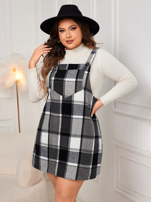 Plus Size Loose-Fit Plaid Suspender Dress for Curvy Women