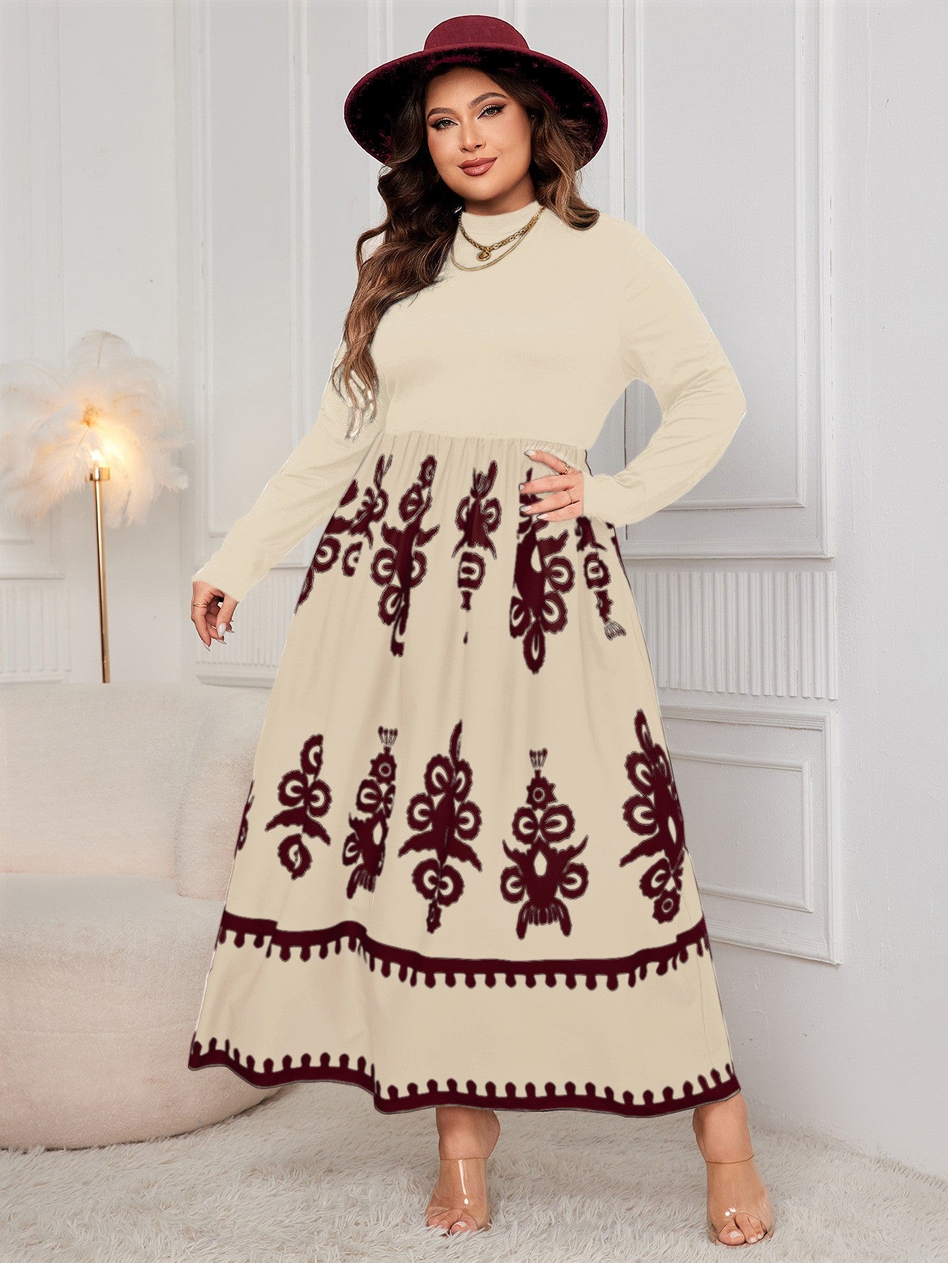 High-Waisted Autumn Long Sleeve Dress for Curvy Women