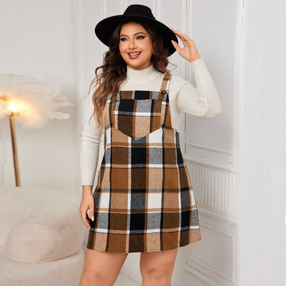 Plus Size Loose-Fit Plaid Suspender Dress for Curvy Women