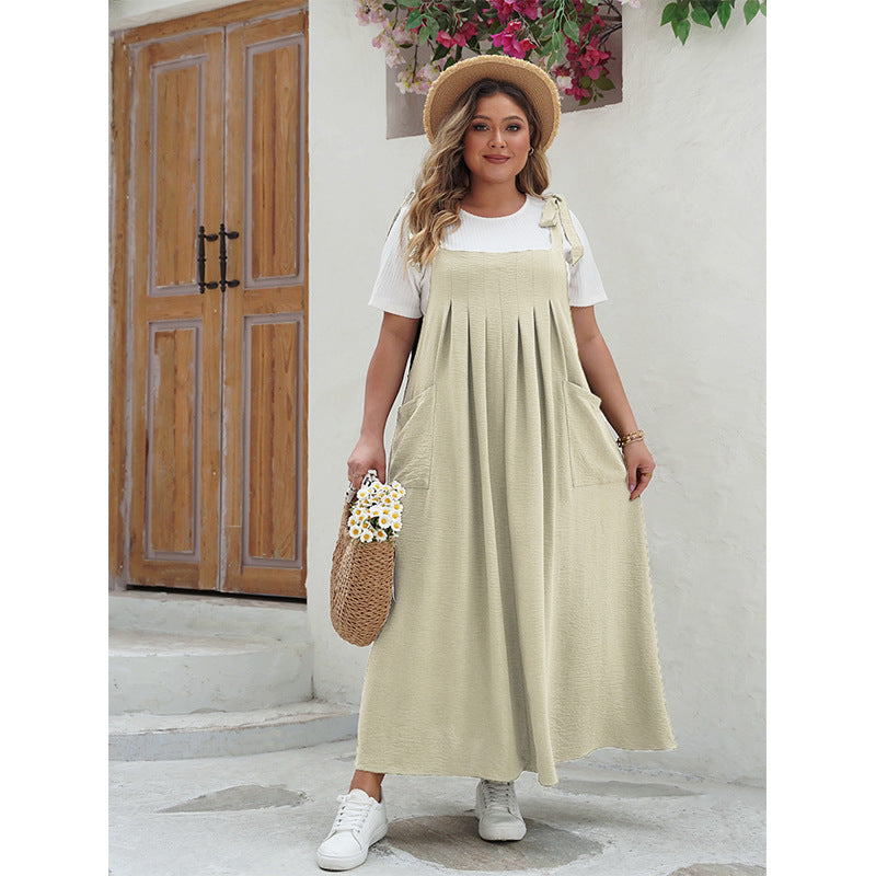 Summer Plus Size Women Stylish Solid Color Suspender Dresses