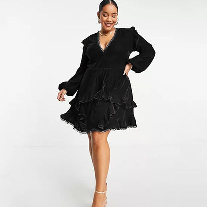 Winter French V-Neck Velvet Dress Annual Meeting Dress Plus Size