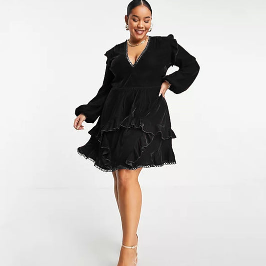 Winter French V-Neck Velvet Dress Annual Meeting Dress Plus Size