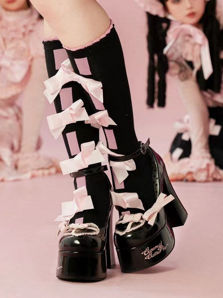 Bow Accents Heart Design Black and Pink Platform Block High Heels