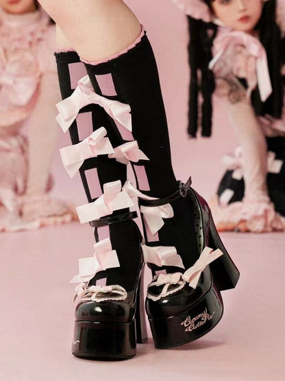 Bow Accents Heart Design Black and Pink Platform Block High Heels